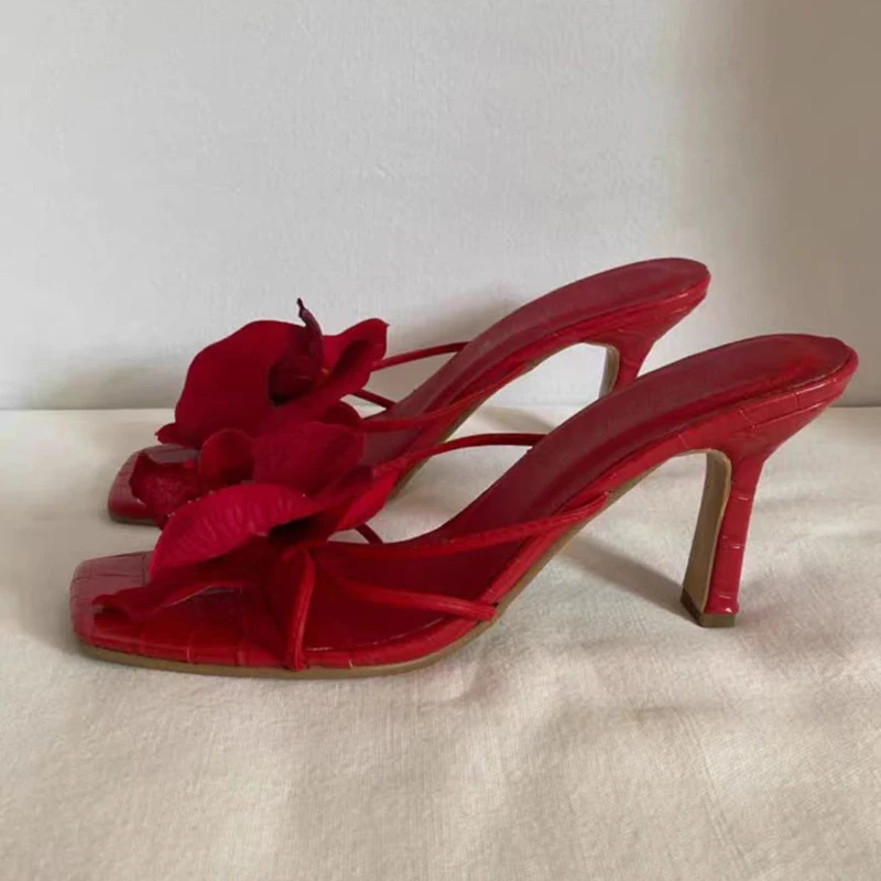 Infradito con tacco alto fiore rosa verde quadrato Toer scarpe da spiaggia per le donne estate indossare sandali a spillo con Slingback rosso 2024