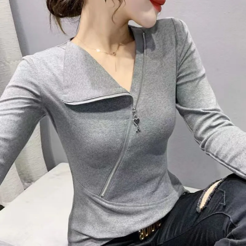 Female Autumn Western Style Look Slimmer Zipper Top All-match Base Shirt Modal Screw Thread Irregularity Long Sleeve T-shirt