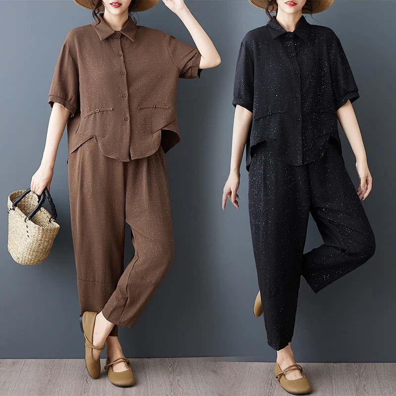 

plus Size Women's Summer Casual Fashionable Loose Two-Piece Set Comfortable Top Wide Leg Pants Commute Style Artistic Flair