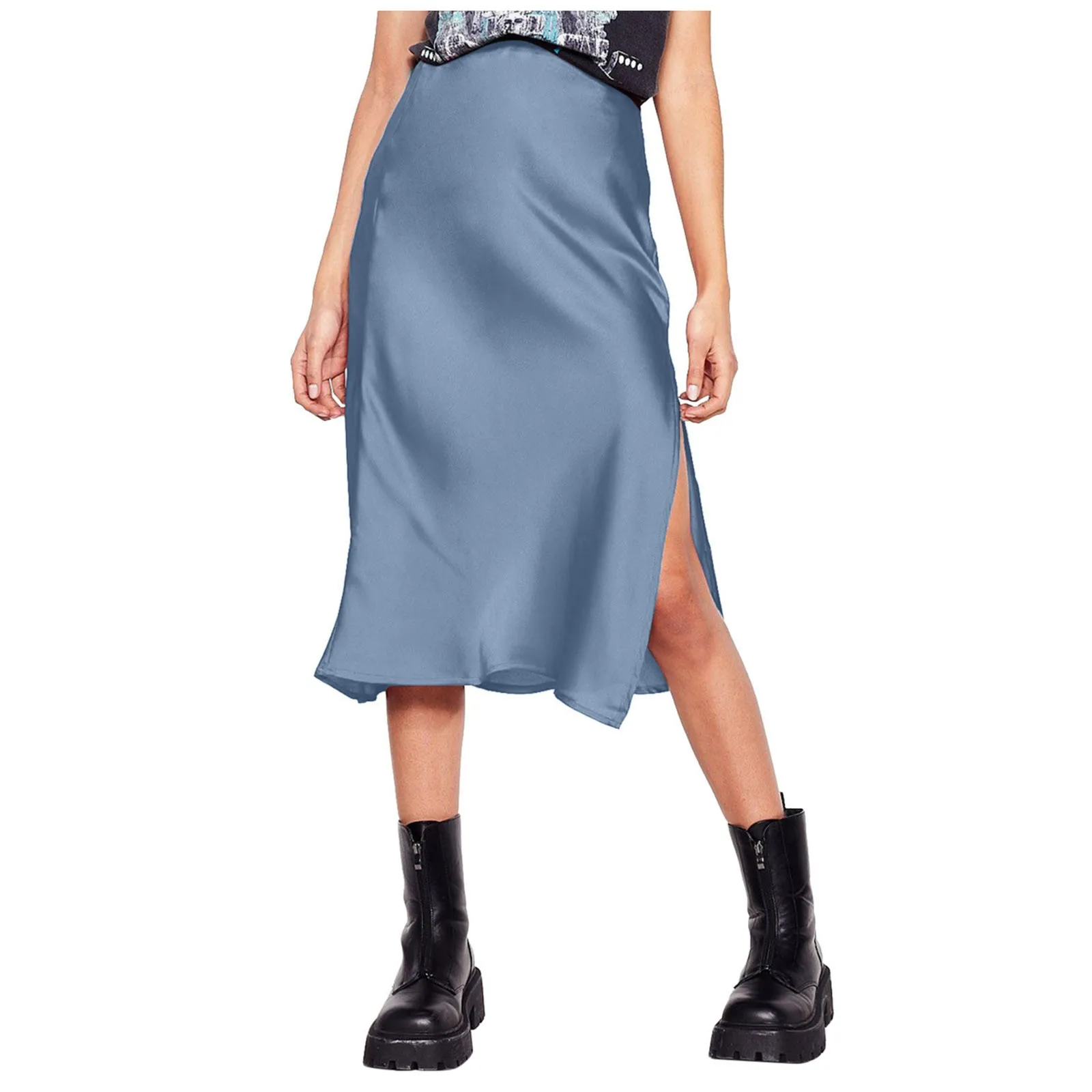 

Women Skirt High Waist A-Line Short Skirt Solid Color Elastic Waistband Zipper Elegant Skirts Side Hem Slit Split Satin Dress