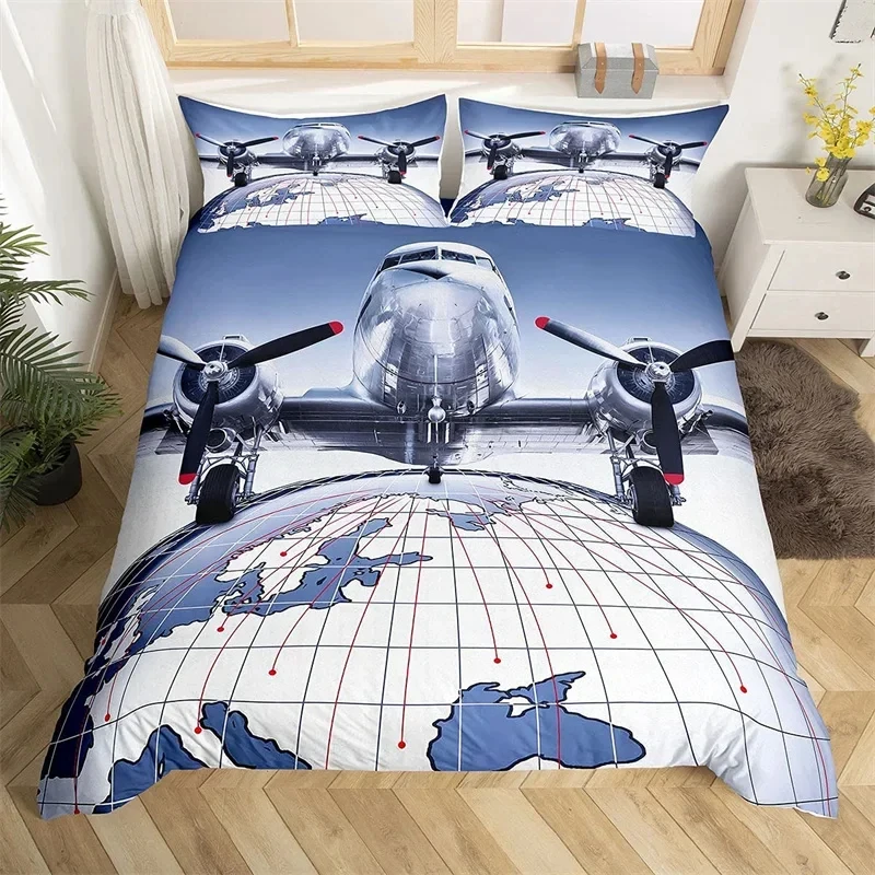 

3D Airplane Duvet Cover King Aircraft Transportation Bedding Set Microfiber Globe Comforter Cover Helicopter Decor Quilt Cover