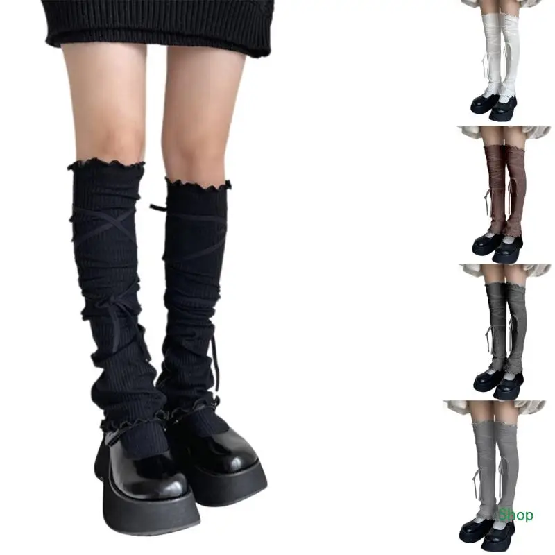 Dropship Fashion Forward Ribbed Ruffle Trim Leg Warmers with Lace Up Bandage Elegant Flared Thigh High Long Stockings for Women