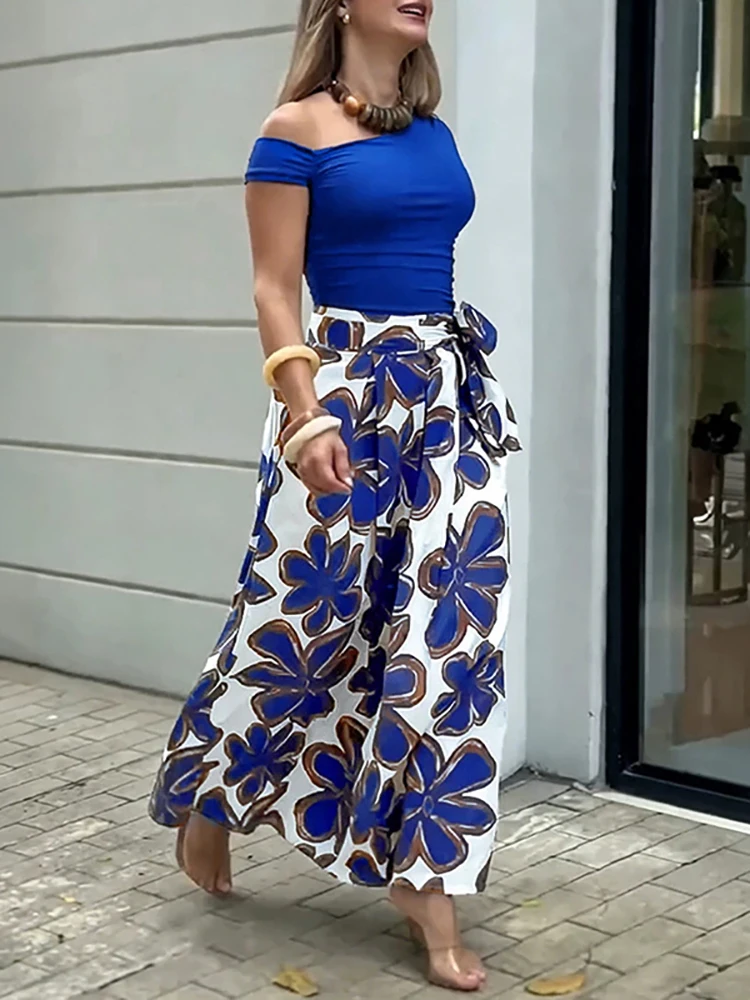 Elegant Solid Top+Print Skirt 2pc Set Fashion  Irregular Off Shoulder Fit Suit Retro Floral Strap High Waisted Club Party Outfit