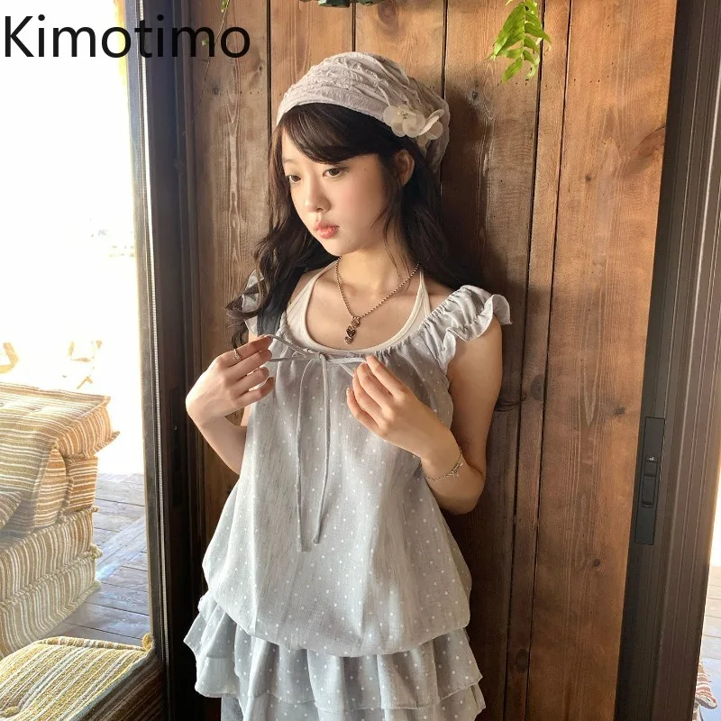 Kimotimo Vintage Polka Dot Ruffles Shirt Women Korean Chic Bandage Loose Tops Summer Temperament Y2k Aesthetic Blouse Camisas