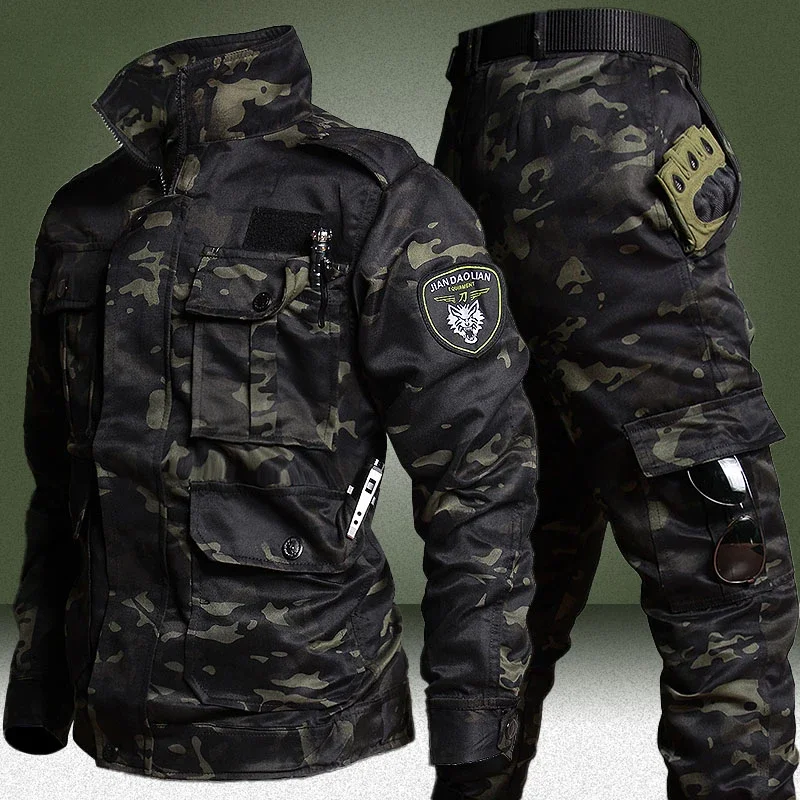 Hunting Wear-resistant Sets Men Camo Spring Autumn Multi-pocket Camo Training Suits Male Outdoor Training Fishing Cargo Set