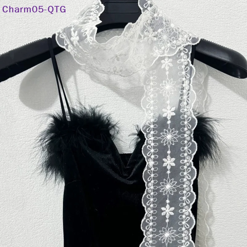 

NEW Y2k Women Narrow Long Scarf Solid Color Silk Black Bag Ribbon Headbands Choker Floral Lace Scarf