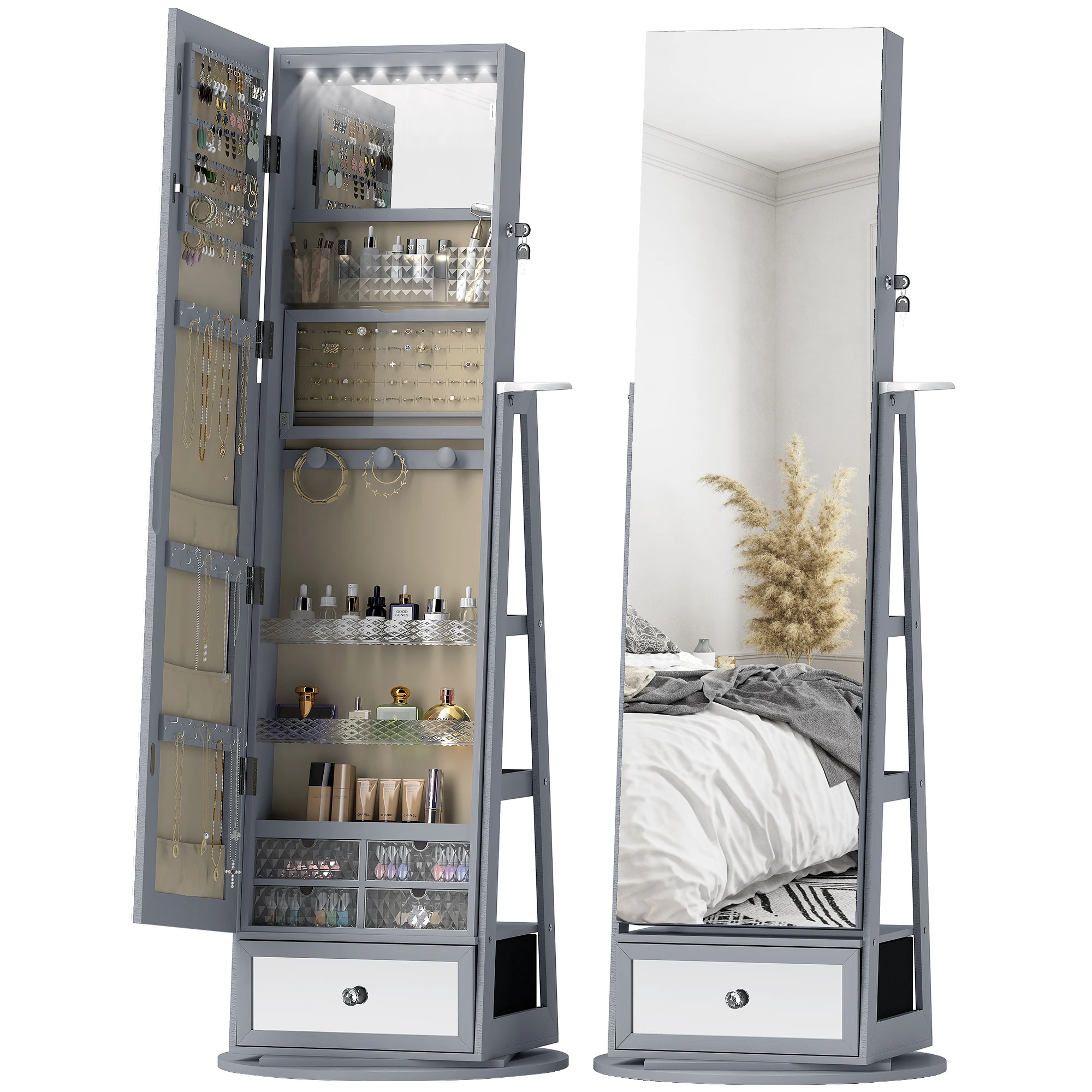 HOMCOM Espejo Joyero con Luces LED, Armario para Joyas, Armario Joyero con Espejo Entero, Giratorio de 360°, Cajón, Cerradura, Estantes Abiertos, Soporte para Secador