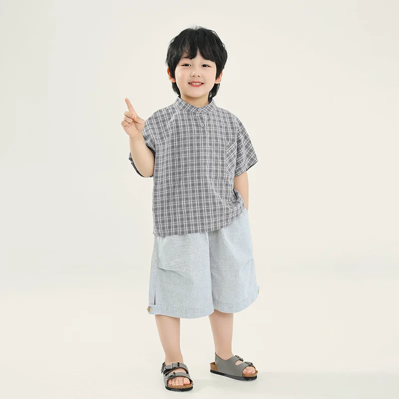 2026 Summer New Hot Selling Boys' Small Checkered Half High Collar Loose Cotton T-shirt