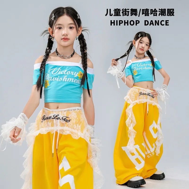 Girls K-pop Blue Crop Tops Joggers Baggy Pants Child Streetwear Girl Group Costume Kids Hip Hop Jazz Street Dance Clothes Set
