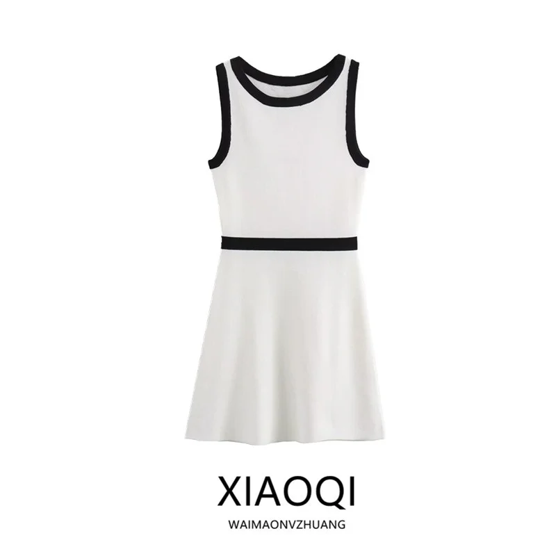 Vestido  de Punto para Mujer, Nuevo Modelo Verano 2024, Diseño de Bloques de Color en el Borde, Sin Mangas, Cuello Redond...