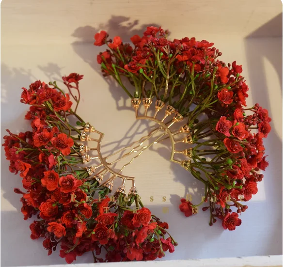 New bride headdress red all over the sky hair pin simulation flowers antique toast Hanfu wedding photo hair accessories.