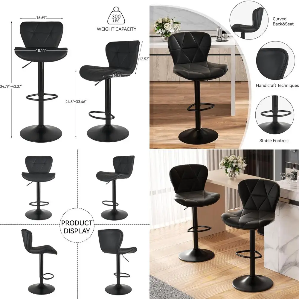 

Set of 2 Adjustable Leather Swivel Bar Stools, Black, for Counter Height or Kitchen Island