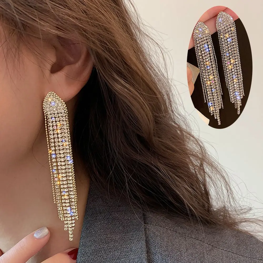 ترف المرأة الزفاف الزفاف بلينغ استرخى حجر الراين أقراط قطرة شرابة أقراط طويلة شرابة حجر الراين