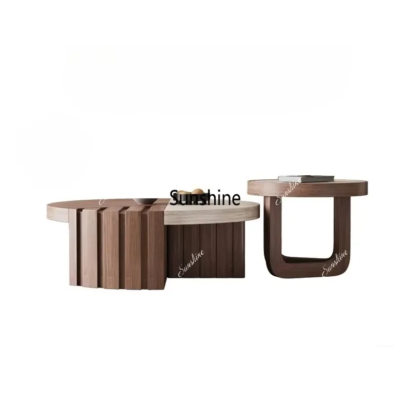Medieval style round solid wood coffee table living room creative walnut color matching household coffee table T*