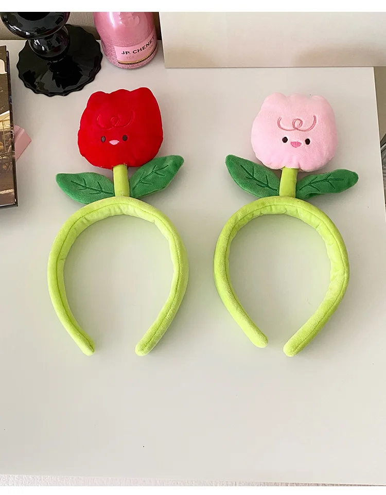 Kreative Plüsch Tuch Farbe Tulpe Blume Raupe Haarbänder Für Mädchen Frau Niedlichen Cartoon Gesicht Waschen Make-Up Stirnband Mode – Detail 14