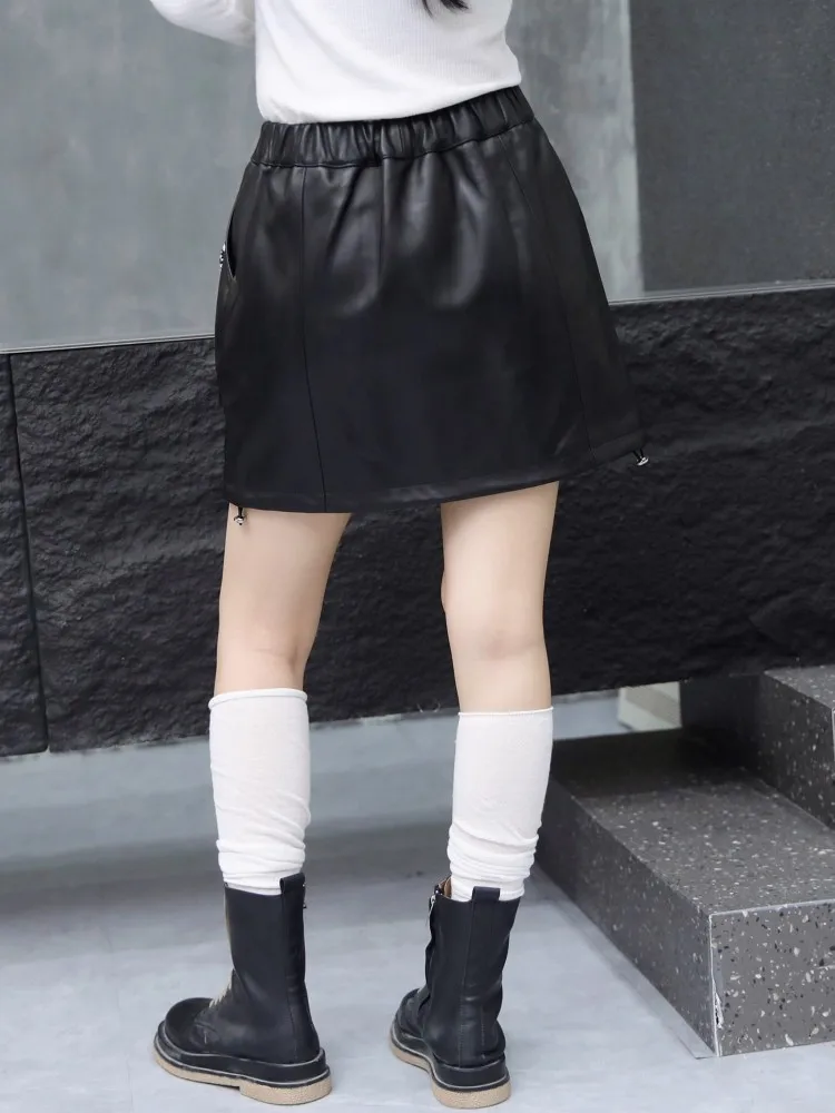 Casual Women Elastic Waist Genuine Leather Skirt 4XL Zipper Streetwear Fashion A Line Skirts Ladies Autumn Black Sheepskin Skirt
