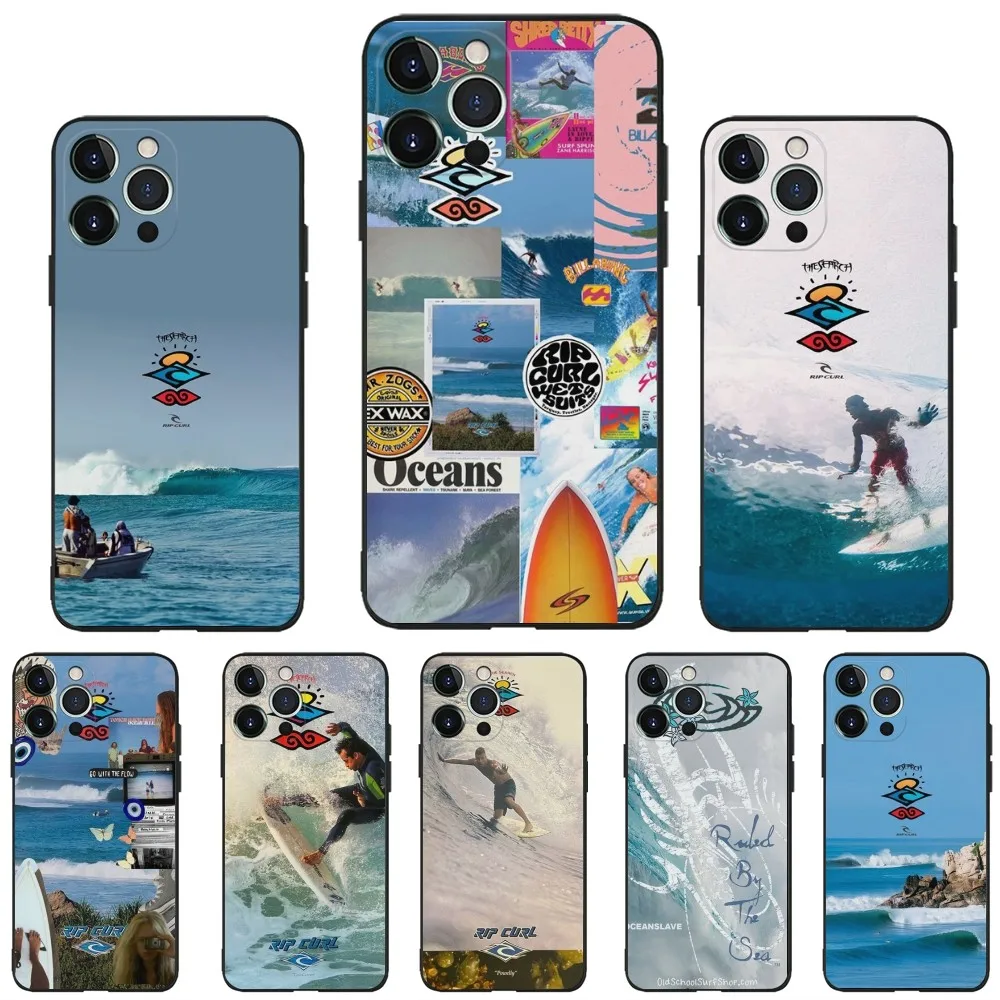 Surf Beach Rips Curls Phone Case For iPhone 16,15,14,13,12,11,Plus,Pro Max,XS,X,XR,SE,Mini,8,7 Soft Silicone Black Cover