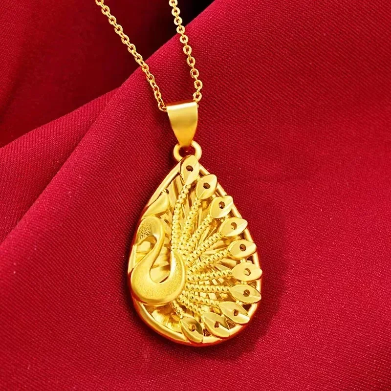 Pure gold 999 real gold 24K gold water drop peacock pendant wedding ancient necklace hollow pendant women;s necklace AU999