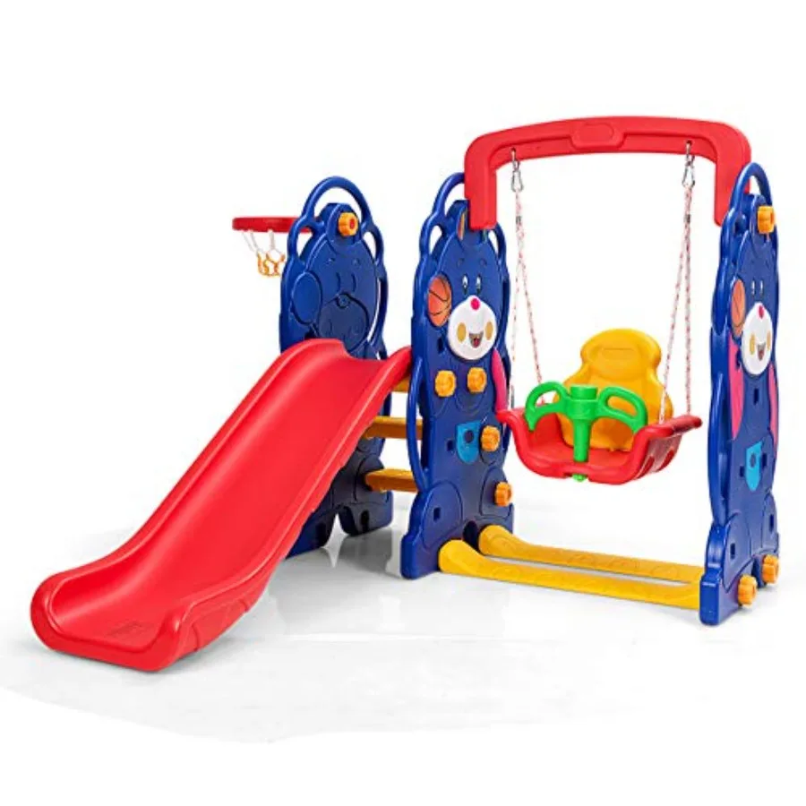 

3-in-1 Toddler Swing and Slide Set with Basketball Hoop Long Slide Stairs Thickened Panel Indoor Outdoor Backyard Playset in Bl