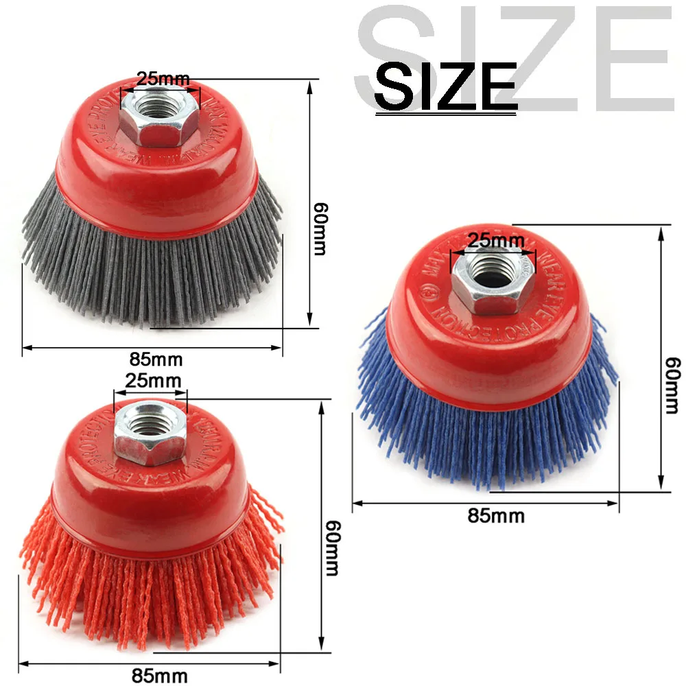 1-3pcs 85mm Cup Nylon Abrasive Brush Wheel M14 Pile Polymer-abrasive Grit 80/120/240 Angle Grinder Tool