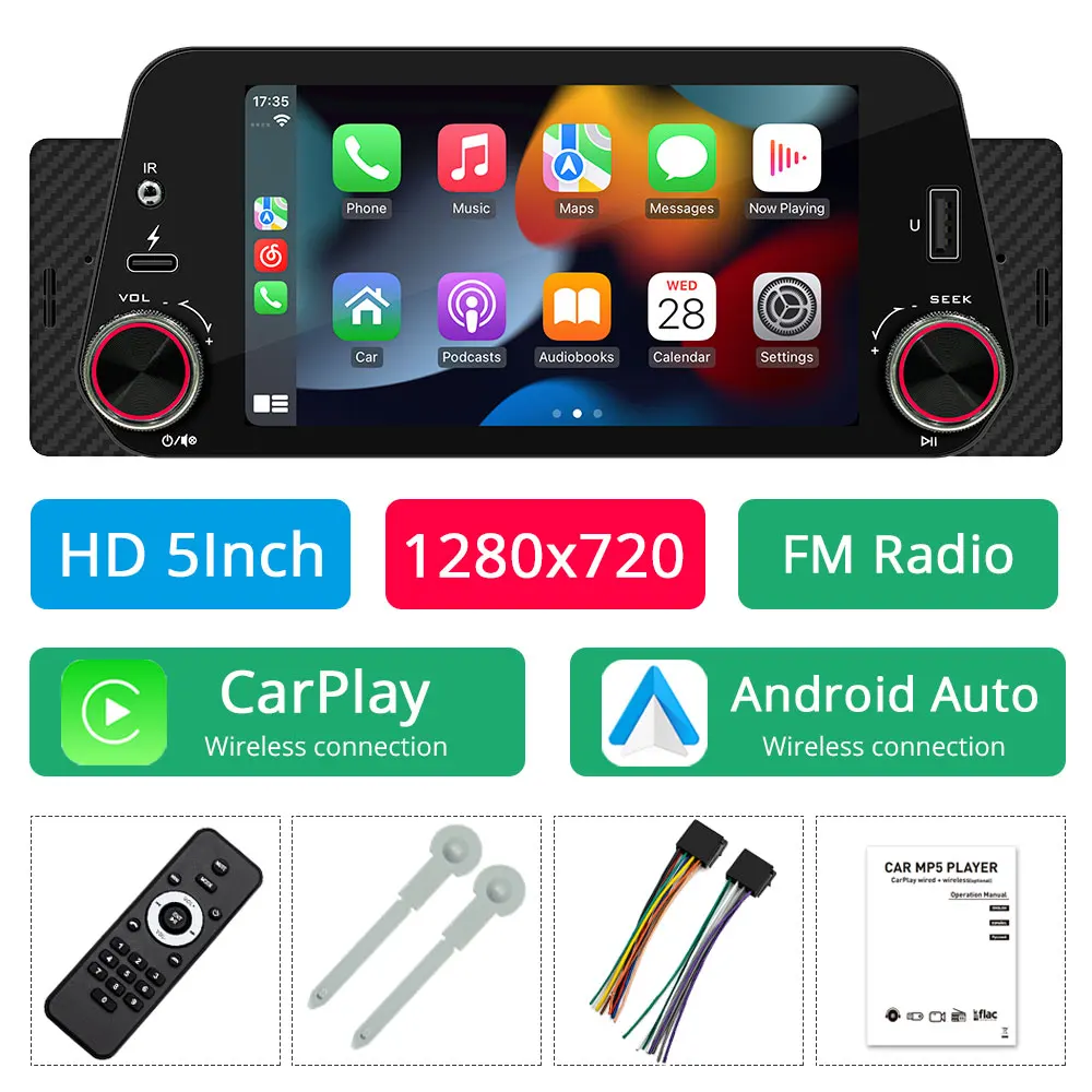 Draadloze Carplay Android Auto 5-Inch Autoradio Bluetooth 1Din Universele Multimedia MP5 Speler Touchscreen FM USB Spiegel Link