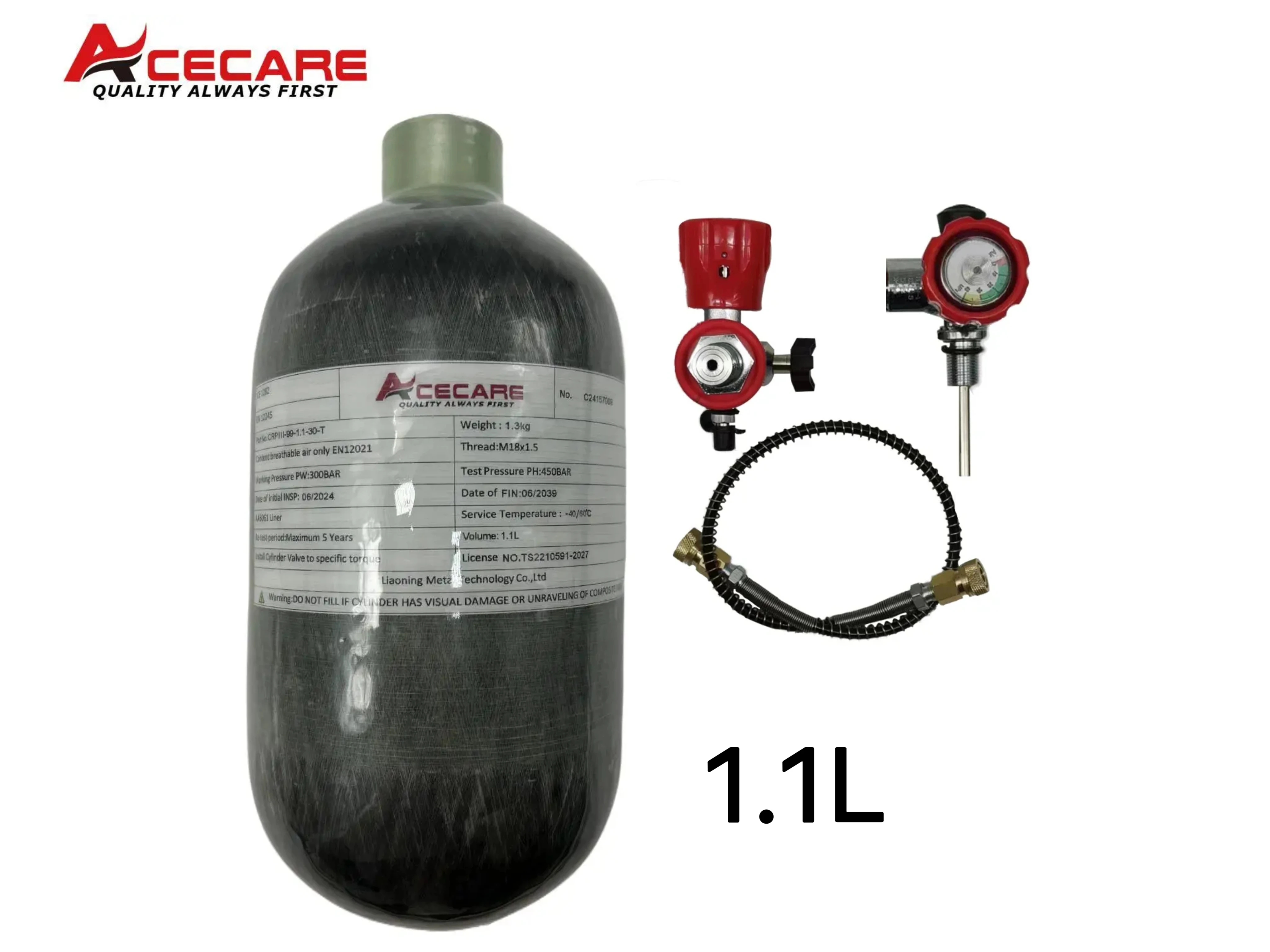 ACECARE 탄소 섬유 실린더 고압 실린더, 필스테이션 조절 밸브 포함, 스쿠버 다이빙 M18 * 1.5, 300Bar, 4500psi, 1.1L