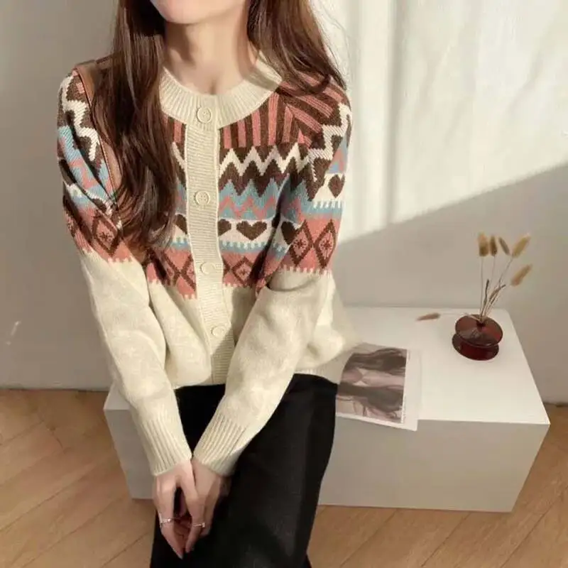 

Vintage Contrast Printed Knitted Cardigan Female Autumn Winter Single Breasted Round Collar Sweater Jacket Thick Loose Knitwear