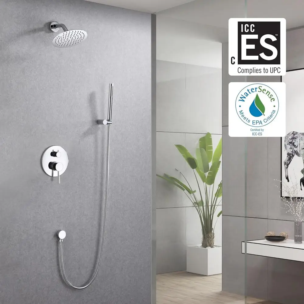 8 نظام دش مثبت على الحائط مع دش يدوي نحاسي ورأس مطر، يتضمن صمامًا خشنًا #2