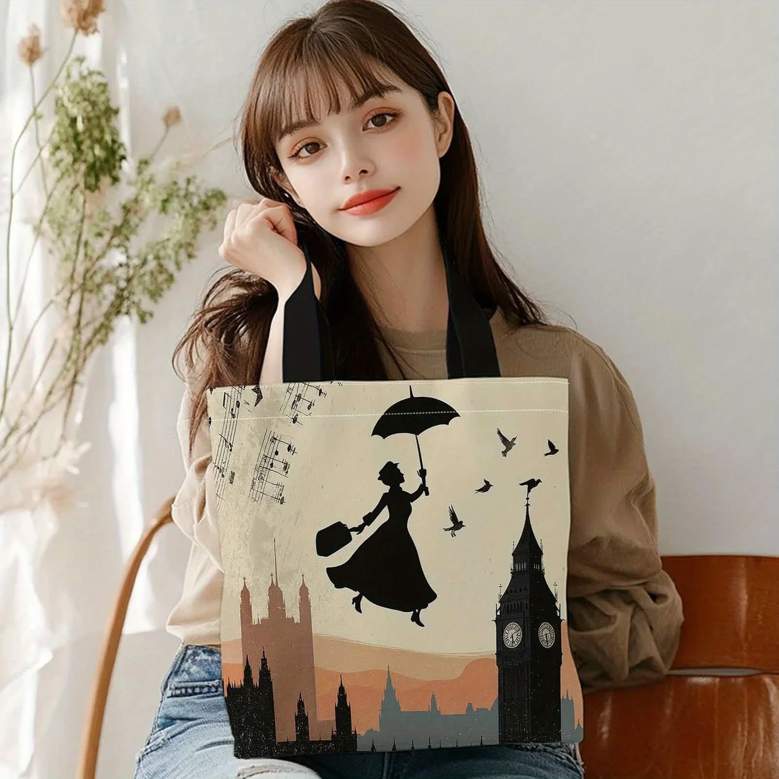 Einkaufstaschen aus Canvas mit großem Fassungsvermögen und viktorianischem London-Motiv (Big Ben, Mary Poppins Regenschirm) – wiederverwendbar. – Detail 7