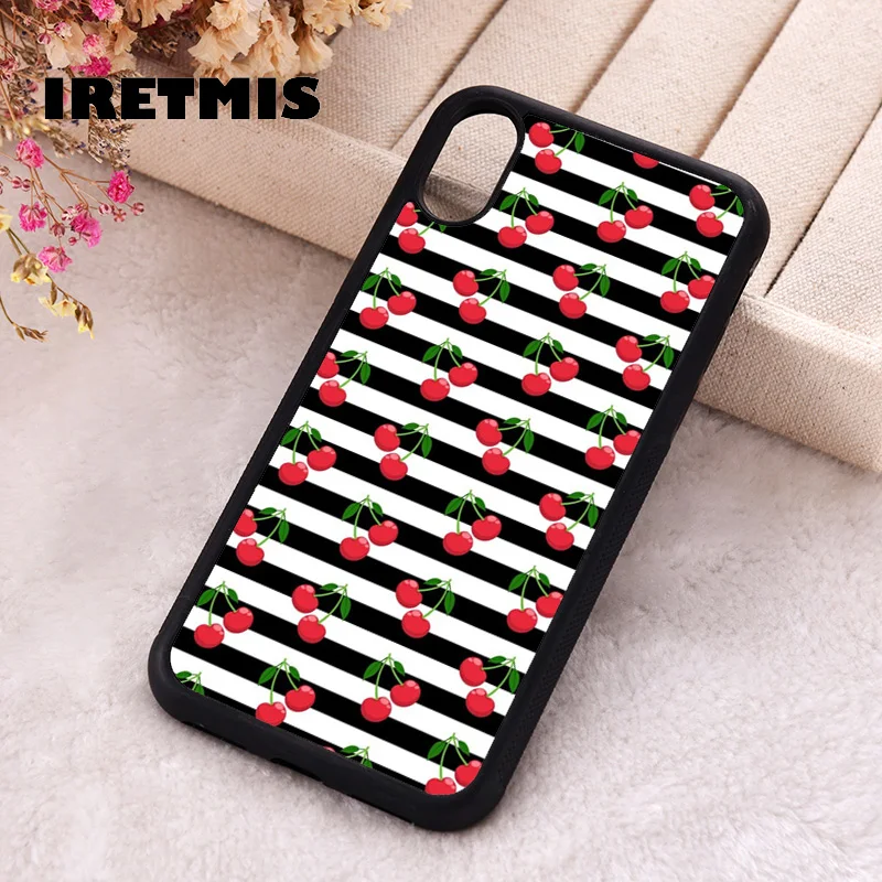 Iretmis 5 5S SE 2020 phone cover cases for iphone 6 6S 7 8 Plus X Xs Max XR 11 12 13 MINI 14 Pro Silicone Cherries and Stripes