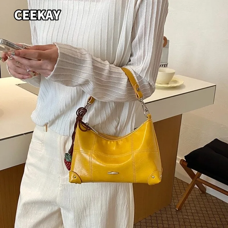 CEEKAY Waxy Soft Faux Leather Hobo Underarm Bag Metal Plate Detail Strawberry Charm Adjustable Strap Sweet Mini Shoulder Purse