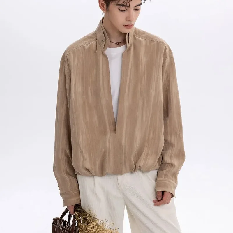 

Long-sleeved Stand-up Collar Shirt Loose Solid Color Fashionable Casual Men's Lapel Long-sleeved Commuter Top