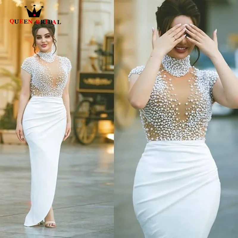 Luxurious Pearls High Neck Mermaid Prom Dress White SATIN Illusion See Through Cap Sleeves Formal robe de bal Custom Made WH03