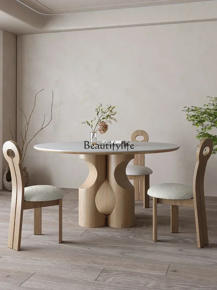 

ld14Log Cream Style Stone Plate Round Table French Advanced Turntable Solid Wood Round Table