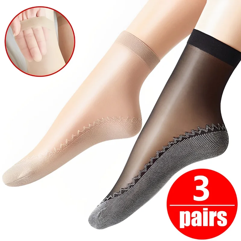 Summer Soft Silk Socks for Women Breathable Bottom Non-Slip Transparent Thin Socks Ladies Sandals Short Sock Nylon Slippers Sock