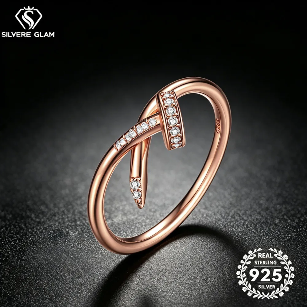 S925 Sterling Silver Nail Knot Open Ring Inlaid Cubic Zirconia Dainty Intertwined Stackable Fine Jewelry For Women Daily Party