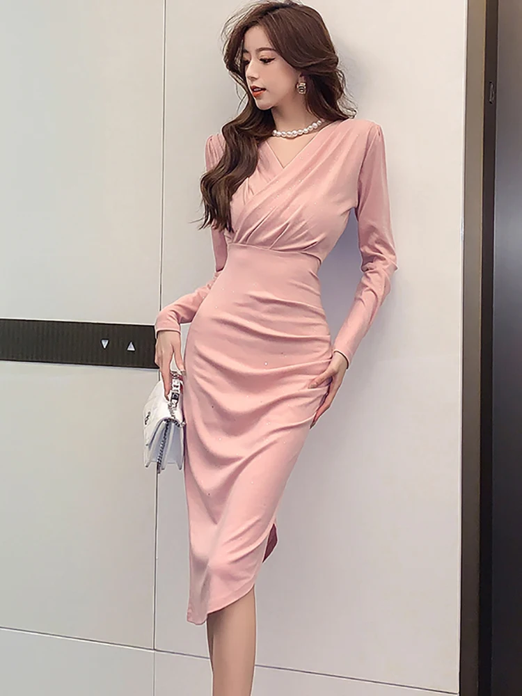 

2025 розовое шикарное платье миди с длинным рукавом и v-образным вырезом, женское корейское винтажное роскошное вечернее платье, осенне-зимнее элегантное праздничное платье