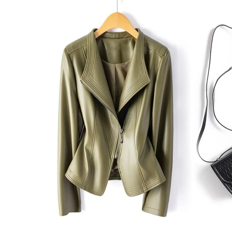 2025 بولي Leather جلد المرأة قصيرة ضئيلة جلدية ربيع الخريف سترة جلدية جديدة طويلة الأكمام دعوى طوق سستة معطف صغير #1