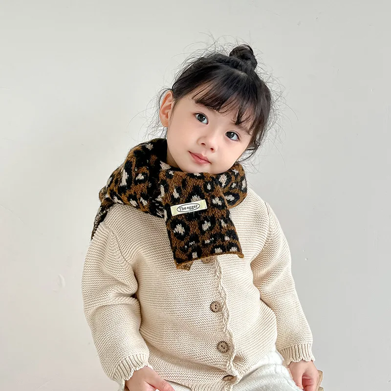 Korea Ins Kids Winter Baby Girls Scarf Cute Leopard Print Scarves Boys Kawaii Soft Keep Warm Knitted Scarfs Toddler Accesoire