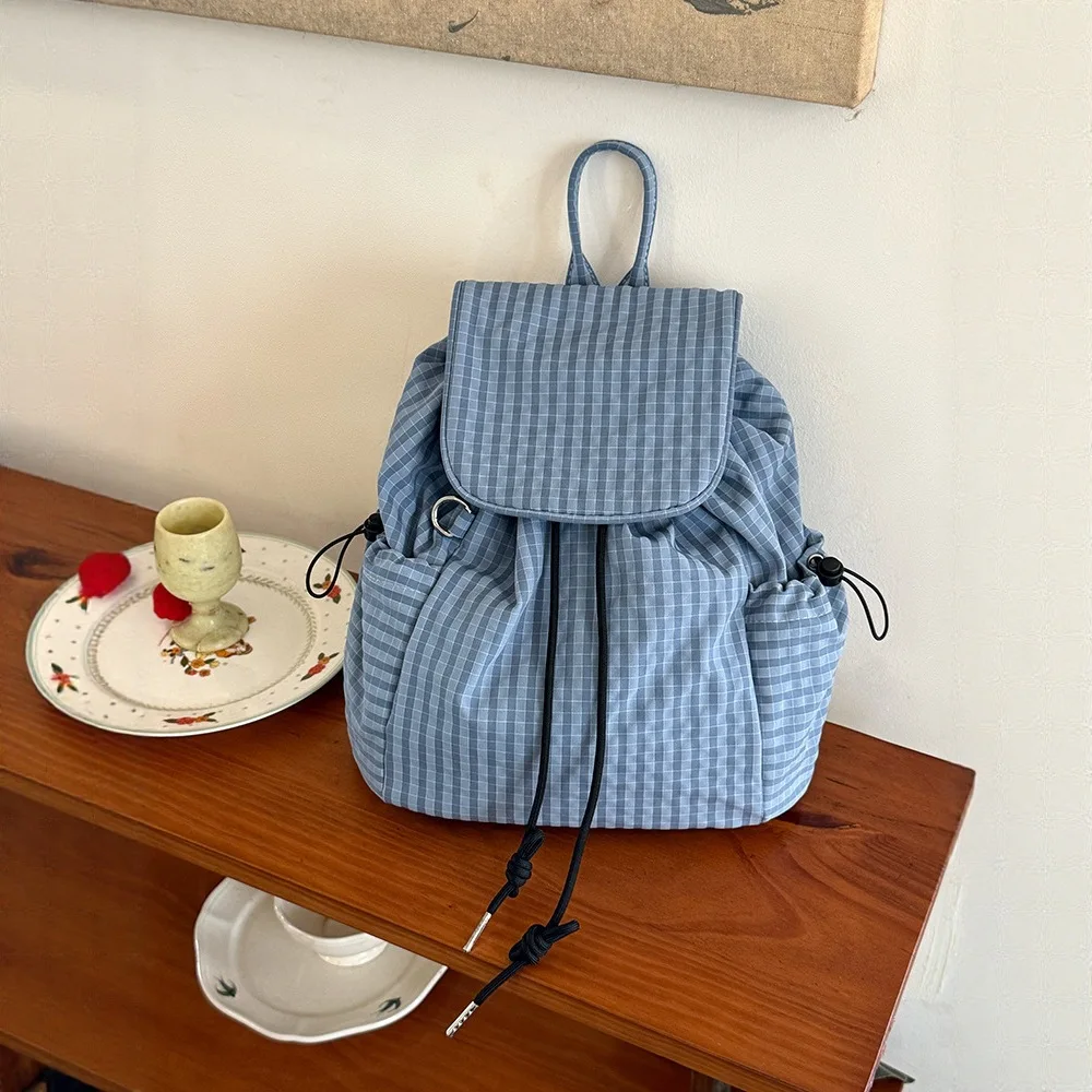 Korean Style Plaid Drawstring Backpack Flap Nylon Daypack Women Daily Commute Travel School Backpack