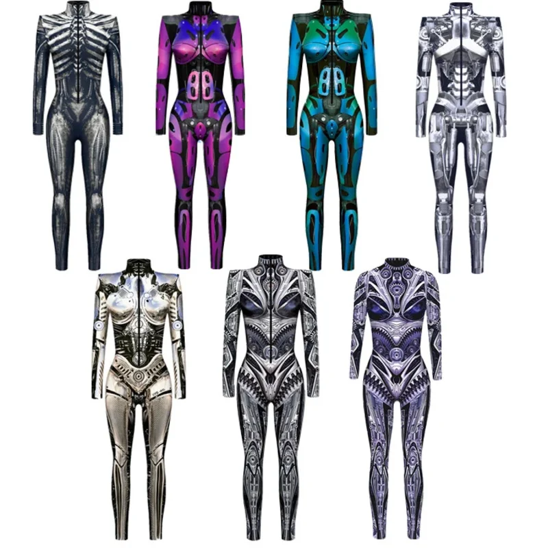 

l2025l Halloween Robot Punk Jumpsuit Catsuit Sexy Women Cosplay Costumes Cyberpunk Zentai Halloween Bodysuit