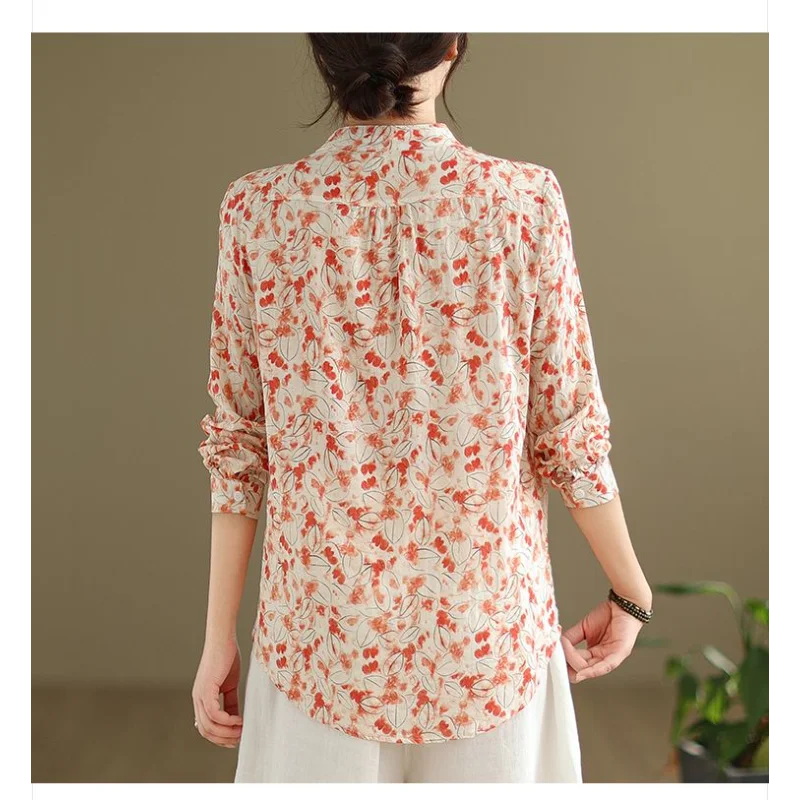 Women's New Stitched Stand Collar Button Printed Shirt Retro Long Sleeve Casual Versatile Bottoming Top