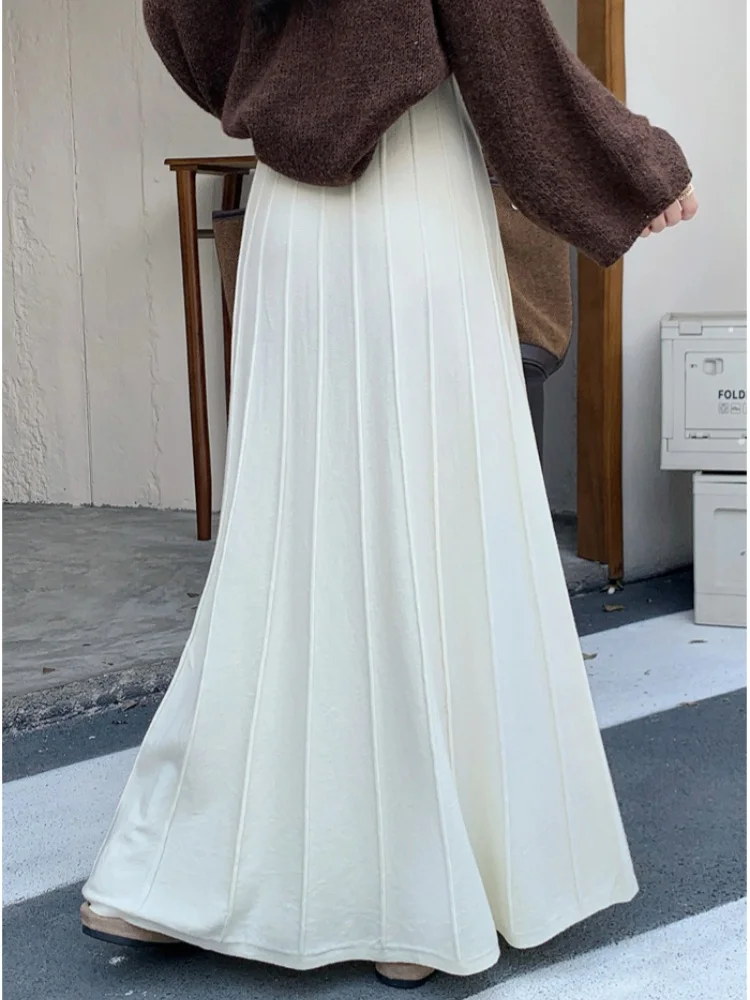 SMTHMA 2025 Nuova gonna lunga lavorata a maglia autunno/inverno per le donne Gonna a trapezio a vita alta Elegante gonna ombrello morbida a cento pieghe