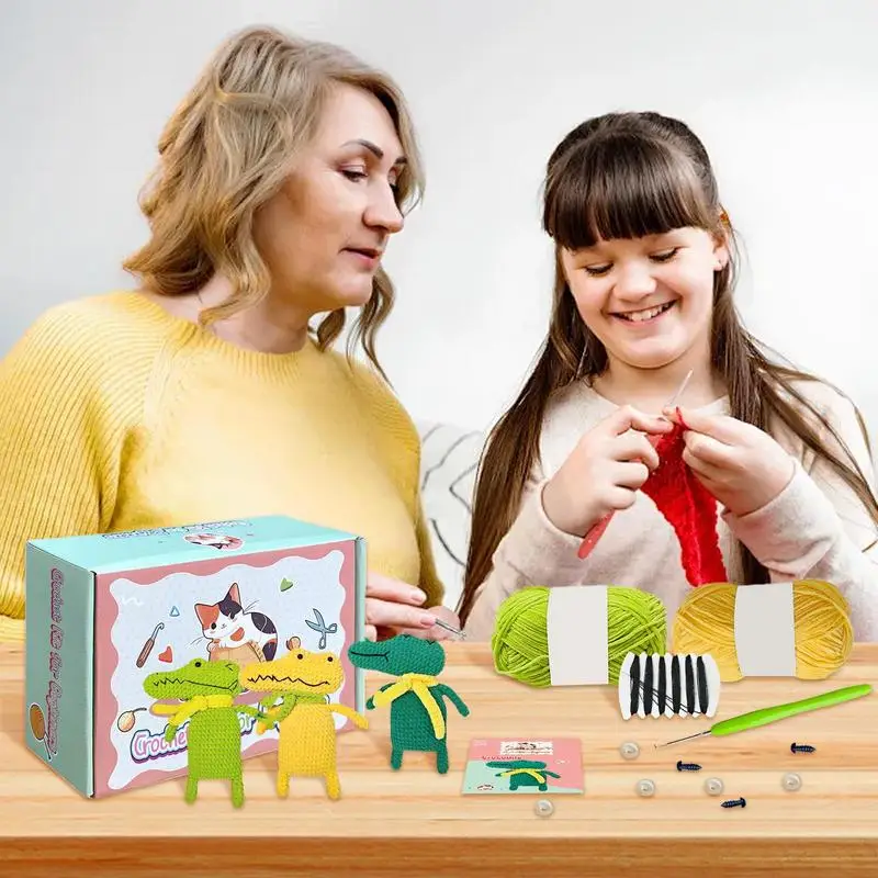 Crochet Animal Kit Animal Learn To Crochet Set Cartoon Crocodile Crocheting Kit With Step-By-Step Tutorials Knitting Kit Arts &