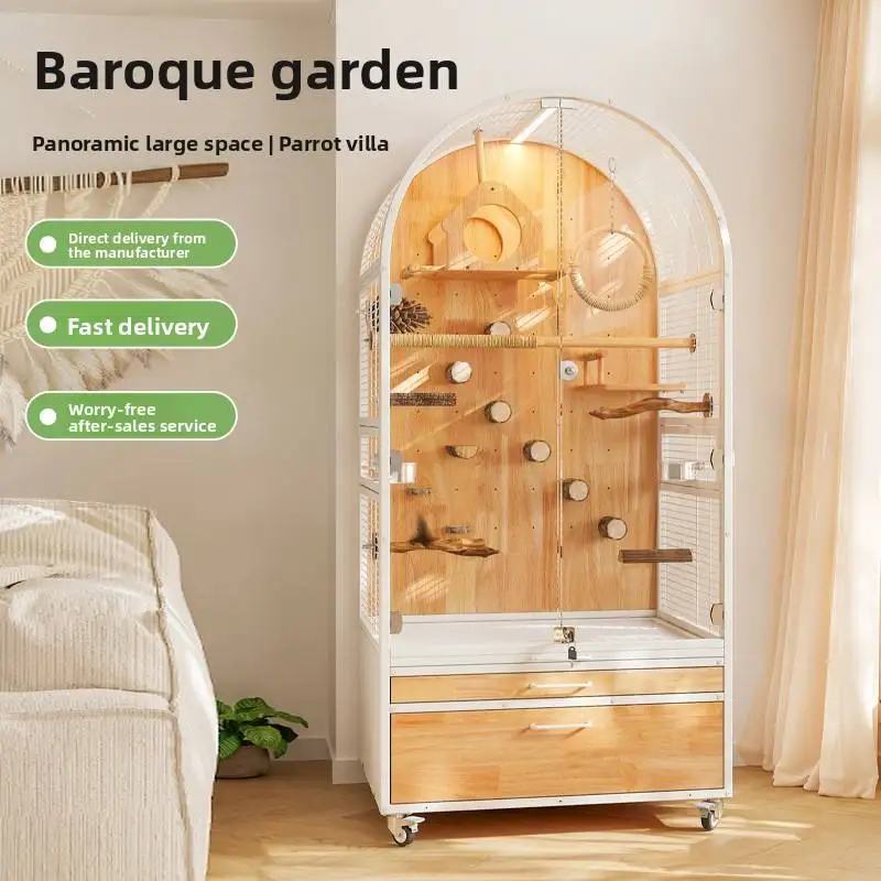 Solid Wood Large Luxury Villa Bird Cage Special Transparent Glass Splash-Proof Button Closure Does Not Pet Houses Furniture