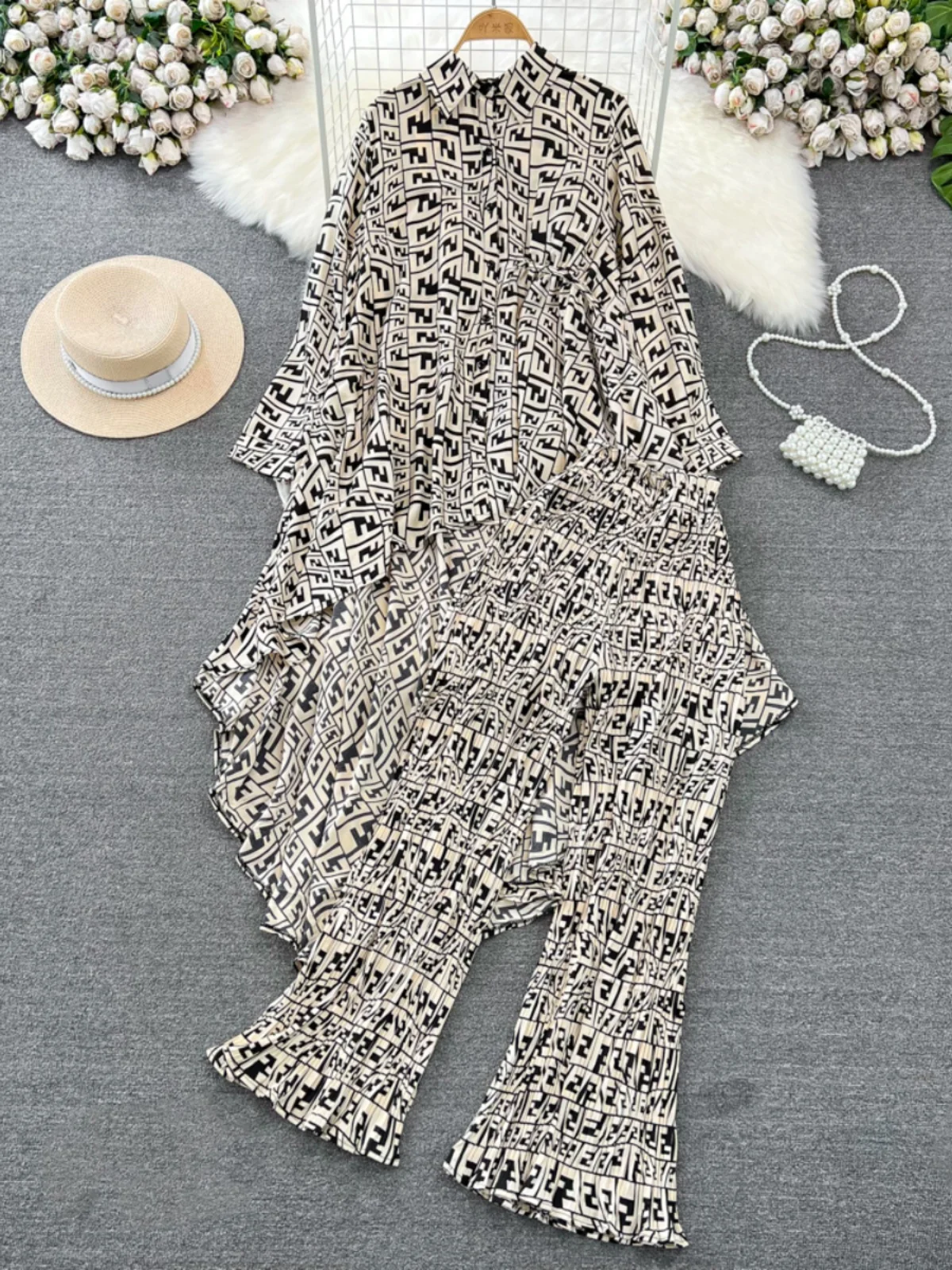 Faionable Long Sve ample Midi irt et pantalon ensemble simple bouton imprimé haut taille haute évasé gored jupe deux pièces costume