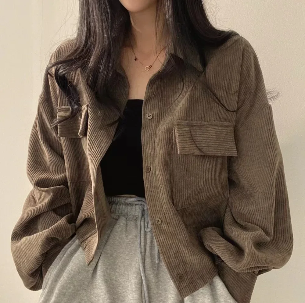 

French Vintage 2024 Spring Single-Breasted Women's Chic Lapel Corduroy Long Sleeve Jacket Trendy Korean Style Loose Fit