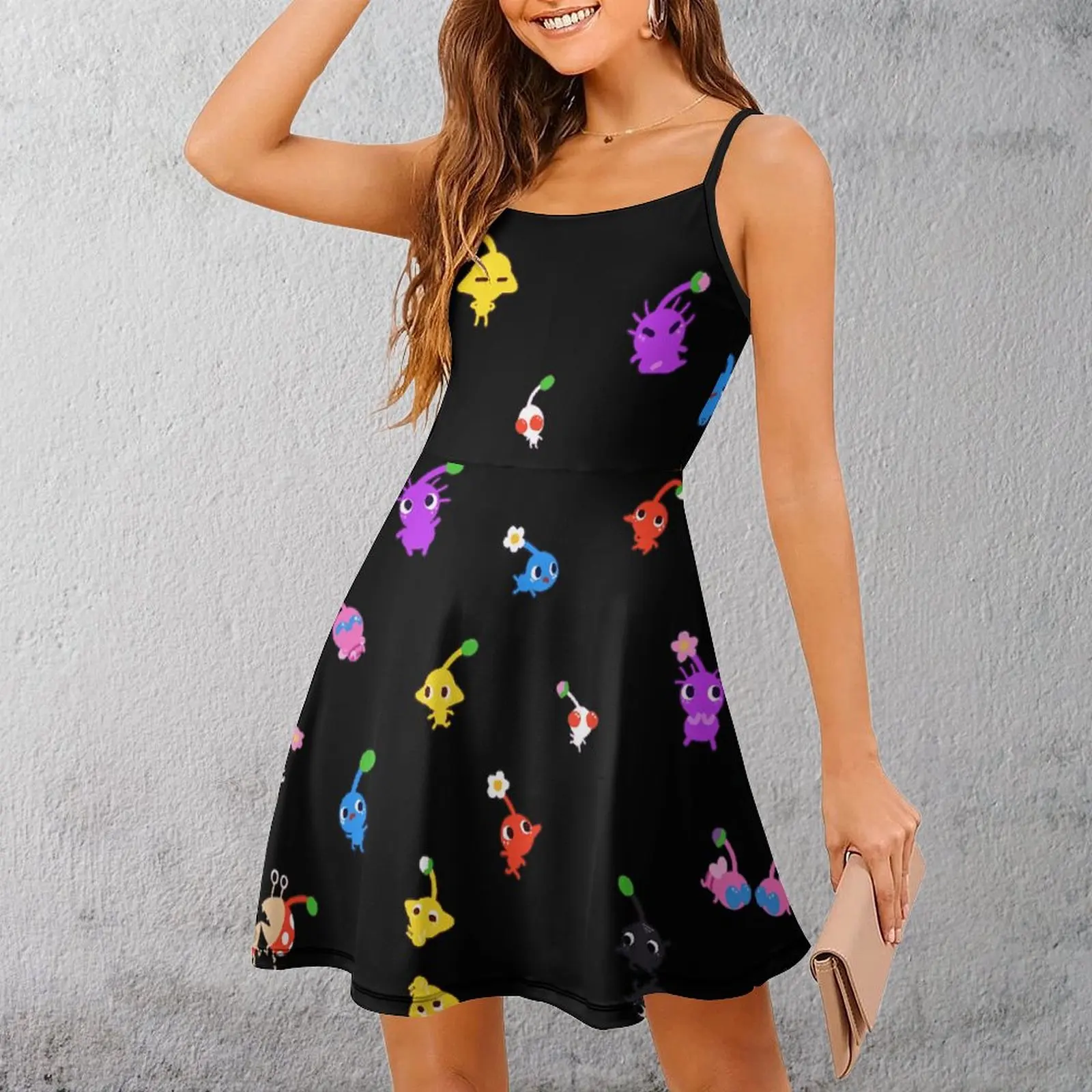 Vestido de suspensão feminino exótico pequeno Pikmin, estilingue feminino, coquetel gráfico, roupa de mulher