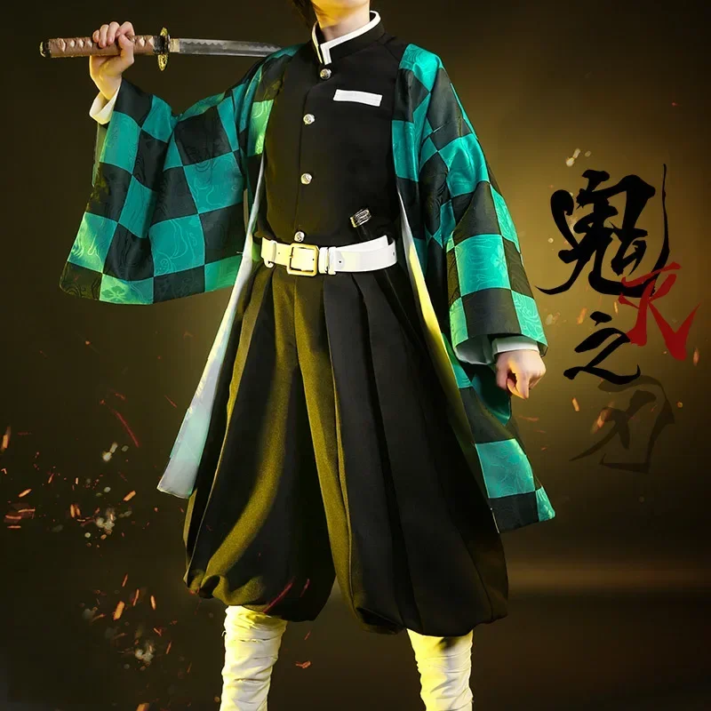 Disfraz de Cosplay de Anime Demon Slayer, Tanjirou Kamado, Kimetsu No Yaiba, Kimono, traje de uniforme, capa, ropa de fiesta, disfraces de Halloween