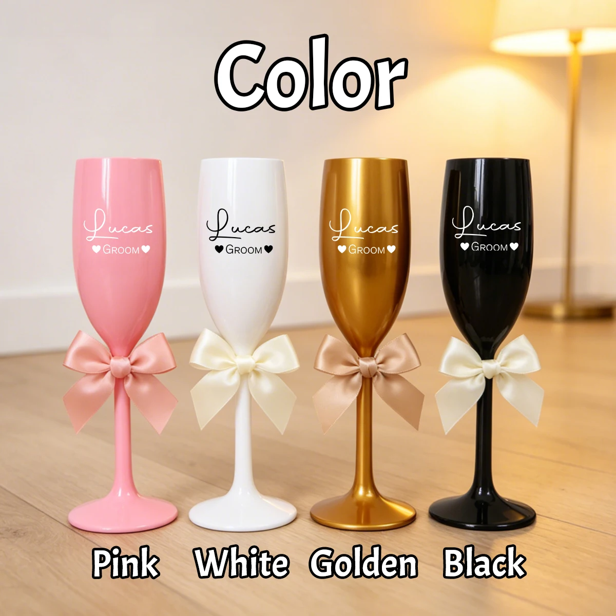 Personalisiertes Champagnerglas mit Namen, Bruchsicheres Champagnerflöten-Glas mit Schleifendekoration, Elegante Hochzeitsdekoration und Party-Trinkgeschirr – Detail 1
